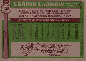1976 Topps #138 Lerrin LaGrow Back