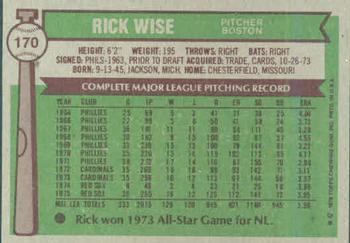 1976 Topps #170 Rick Wise Back
