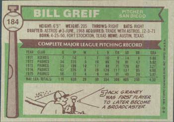 1976 Topps #184 Bill Greif Back