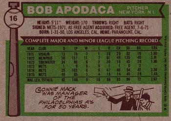1976 Topps #16 Bob Apodaca Back