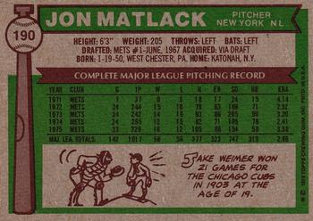 1976 Topps #190 Jon Matlack Back