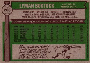 1976 Topps #263 Lyman Bostock Back