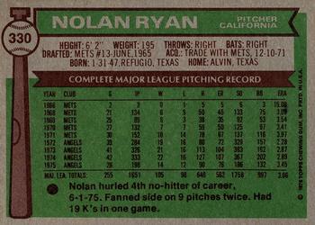 1976 Topps #330 Nolan Ryan Back