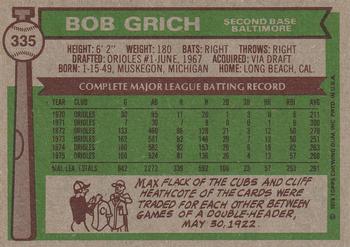 1976 Topps #335 Bob Grich Back