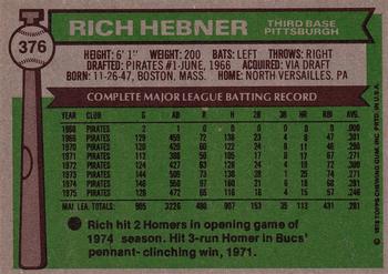1976 Topps #376 Rich Hebner Back