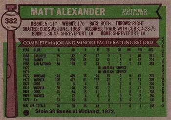 1976 Topps #382 Matt Alexander Back