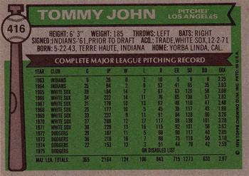 1976 Topps #416 Tommy John Back