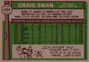 1976 Topps #494 Craig Swan Back