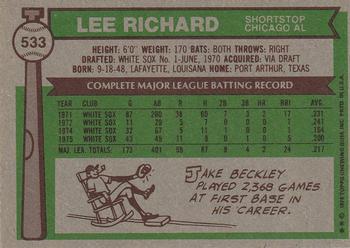 1976 Topps #533 Lee Richard Back