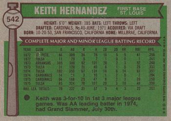 1976 Topps #542 Keith Hernandez Back