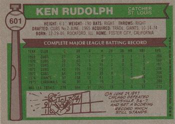 1976 Topps #601 Ken Rudolph Back
