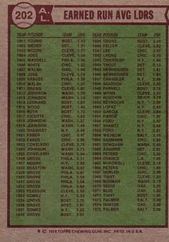 1976 Topps #202 1975 AL ERA Leaders (Jim Palmer / Jim Hunter / Dennis Eckersley) Back