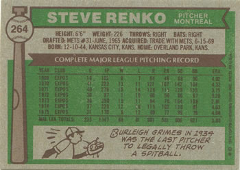 1976 Topps #264 Steve Renko Back