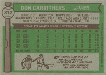 1976 Topps #312 Don Carrithers Back