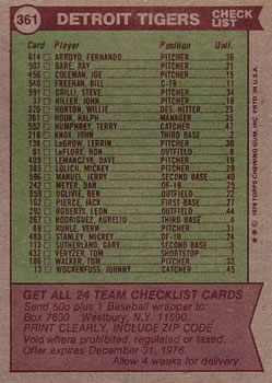 1976 Topps #361 Detroit Tigers / Ralph Houk Back