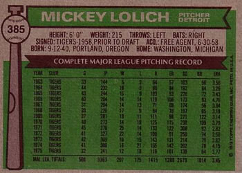1976 Topps #385 Mickey Lolich Back