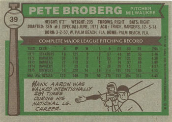 1976 Topps #39 Pete Broberg Back