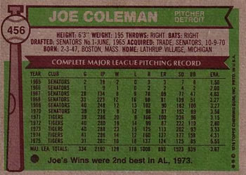 1976 Topps #456 Joe Coleman Back