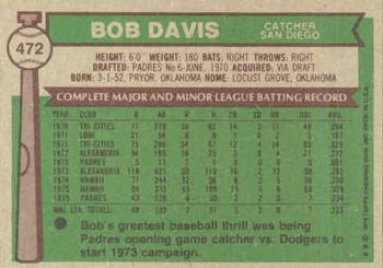 1976 Topps #472 Bob Davis Back