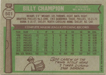 1976 Topps #501 Billy Champion Back