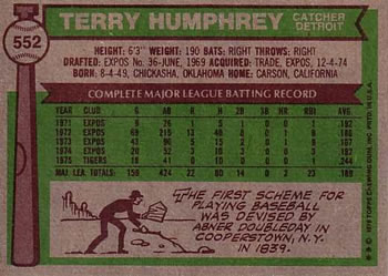 1976 Topps #552 Terry Humphrey Back