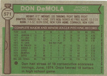 1976 Topps #571 Don DeMola Back