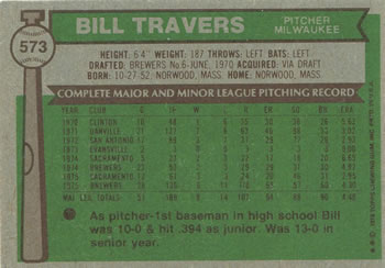 1976 Topps #573 Bill Travers Back