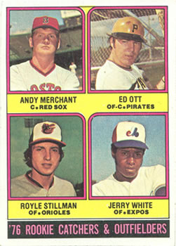 1976 Topps #594 1976 Rookie Catchers & Outfielders (Andy Merchant / Ed Ott / Royle Stillman / Jerry White) Front