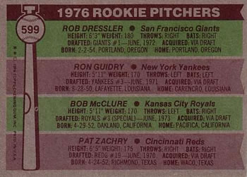 1976 Topps #599 1976 Rookie Pitchers (Rob Dressler / Ron Guidry / Bob McClure / Pat Zachry) Back