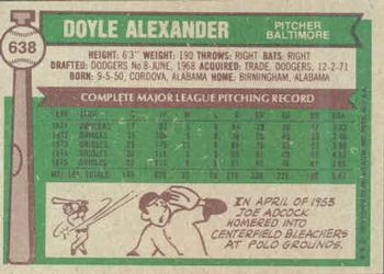 1976 Topps #638 Doyle Alexander Back