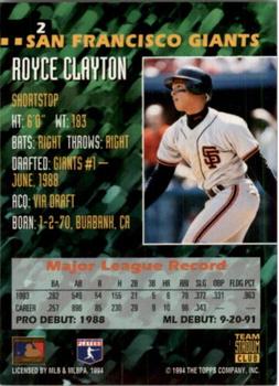 1994 Stadium Club Team - First Day Issue #2 Royce Clayton  Back