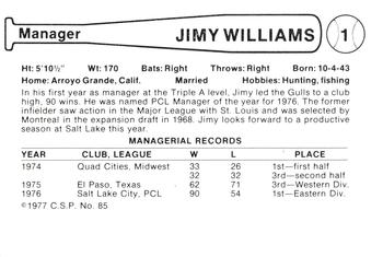 1977 Cramer Salt Lake City Gulls #85 Jimy Williams Back