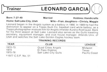 1977 Cramer Salt Lake City Gulls #51 Leonard Garcia Back