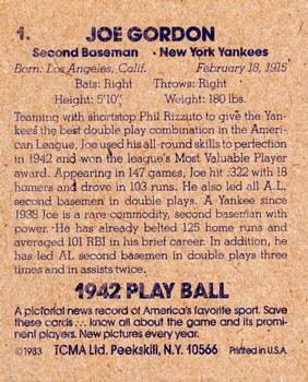 1983 TCMA 1942 Play Ball #1 Joe Gordon Back