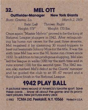 1983 TCMA 1942 Play Ball #32 Mel Ott Back