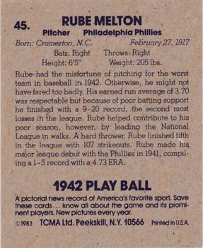 1983 TCMA 1942 Play Ball #45 Rube Melton Back