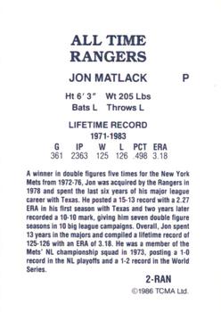 1986 TCMA All-Time Texas Rangers - Color #2-RAN Jon Matlack Back