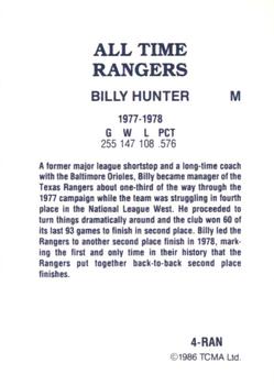 1986 TCMA All-Time Texas Rangers - Color #4-RAN Billy Hunter Back