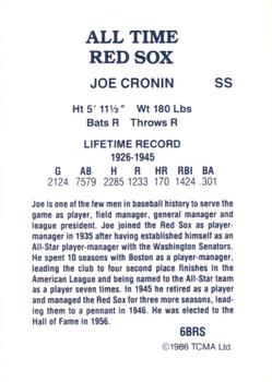 1986 TCMA All-Time Boston Red Sox #6BRS Joe Cronin Back