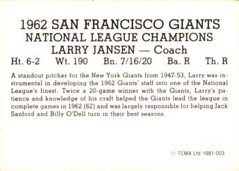 1981 TCMA 1962 San Francisco Giants #003 Larry Jansen Back