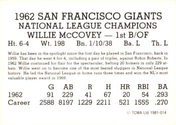1981 TCMA 1962 San Francisco Giants #014 Willie McCovey Back