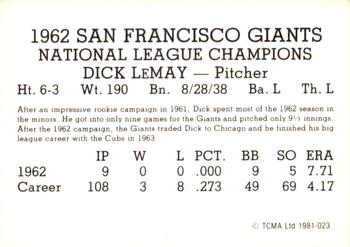1981 TCMA 1962 San Francisco Giants #023 Dick LeMay Back