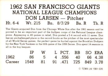 1981 TCMA 1962 San Francisco Giants #026 Don Larsen Back