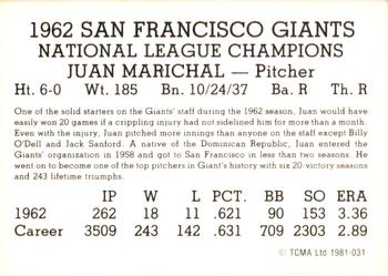 1981 TCMA 1962 San Francisco Giants #031 Juan Marichal Back