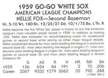 1981 TCMA 1959 Chicago White Sox #2 Nellie Fox Back