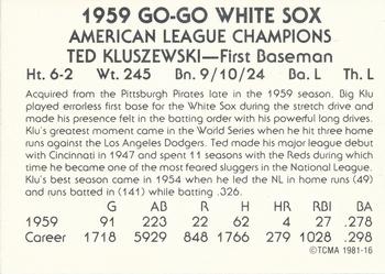 1981 TCMA 1959 Chicago White Sox #16 Ted Kluszewski Back