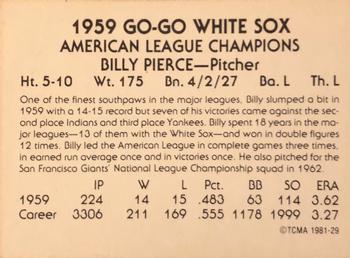 1981 TCMA 1959 Chicago White Sox #29 Billy Pierce Back