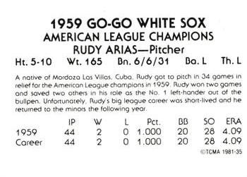 1981 TCMA 1959 Chicago White Sox #35 Rudy Arias Back