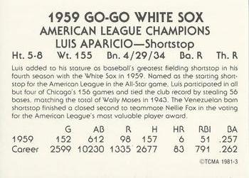 1981 TCMA 1959 Chicago White Sox #3 Luis Aparicio Back