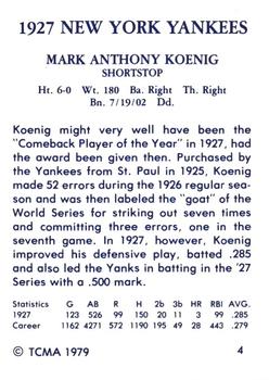1979 TCMA 1927 New York Yankees #4 Mark Koenig Back